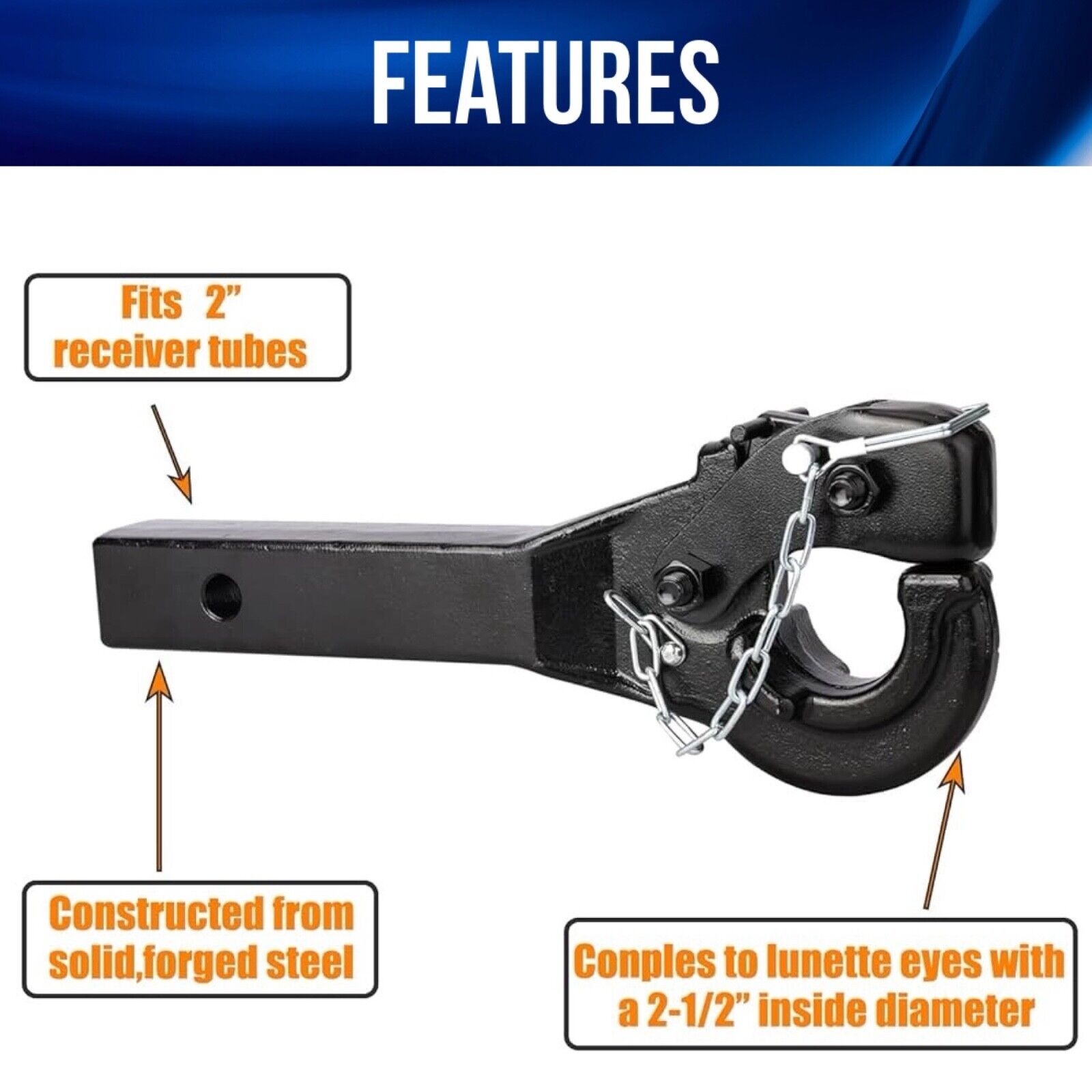 5-Ton/10-Ton Pintle Hook Trailer Hitch Receiver Hook for 2” Hitches