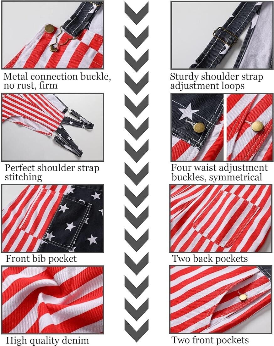 Mens American Flag Denim Overall Stretch Shorts