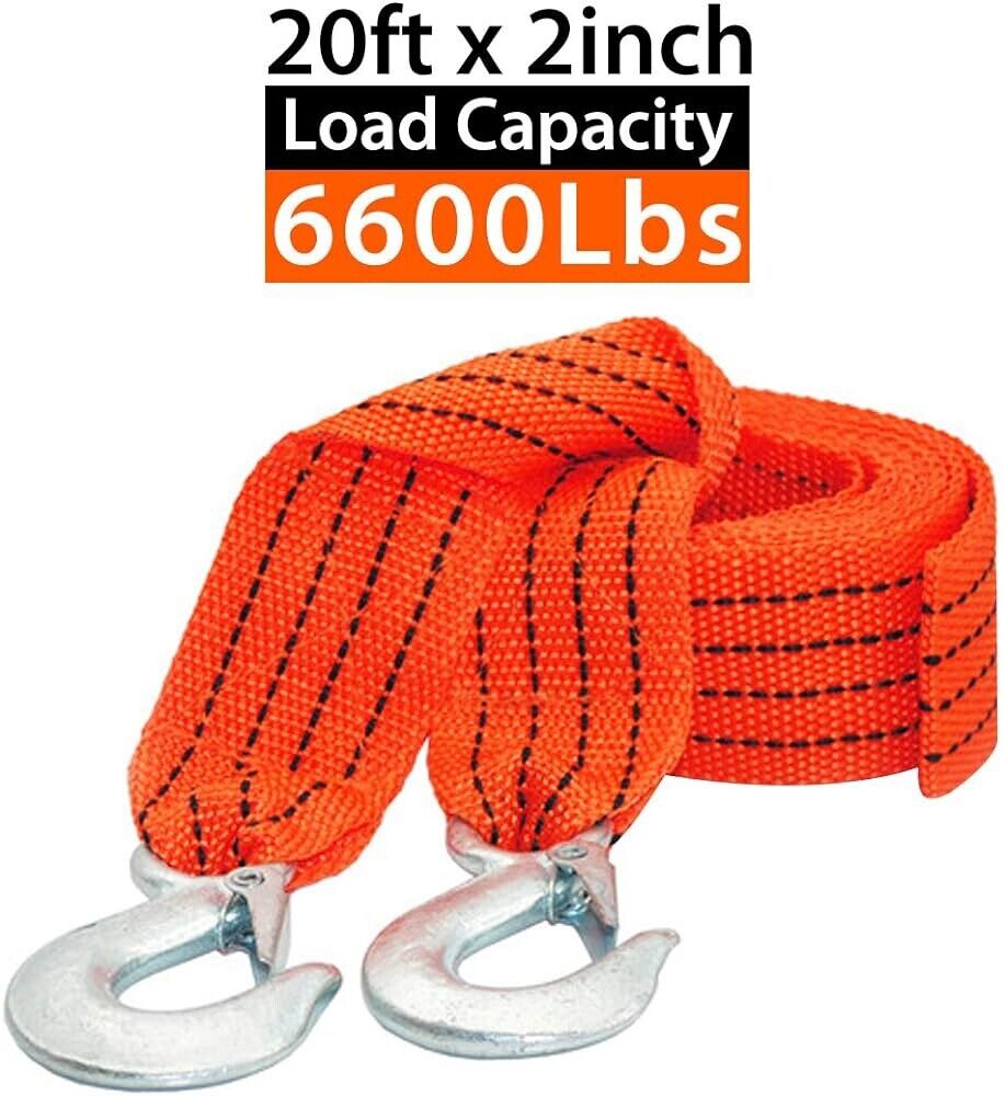 Tow Strap with Hooks 2In X20Ft Recovery Strap 10,000LB Break Strength