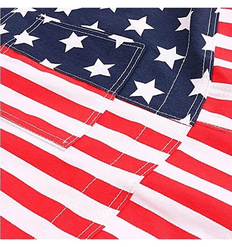 Mens American Flag Denim Overall Stretch Shorts