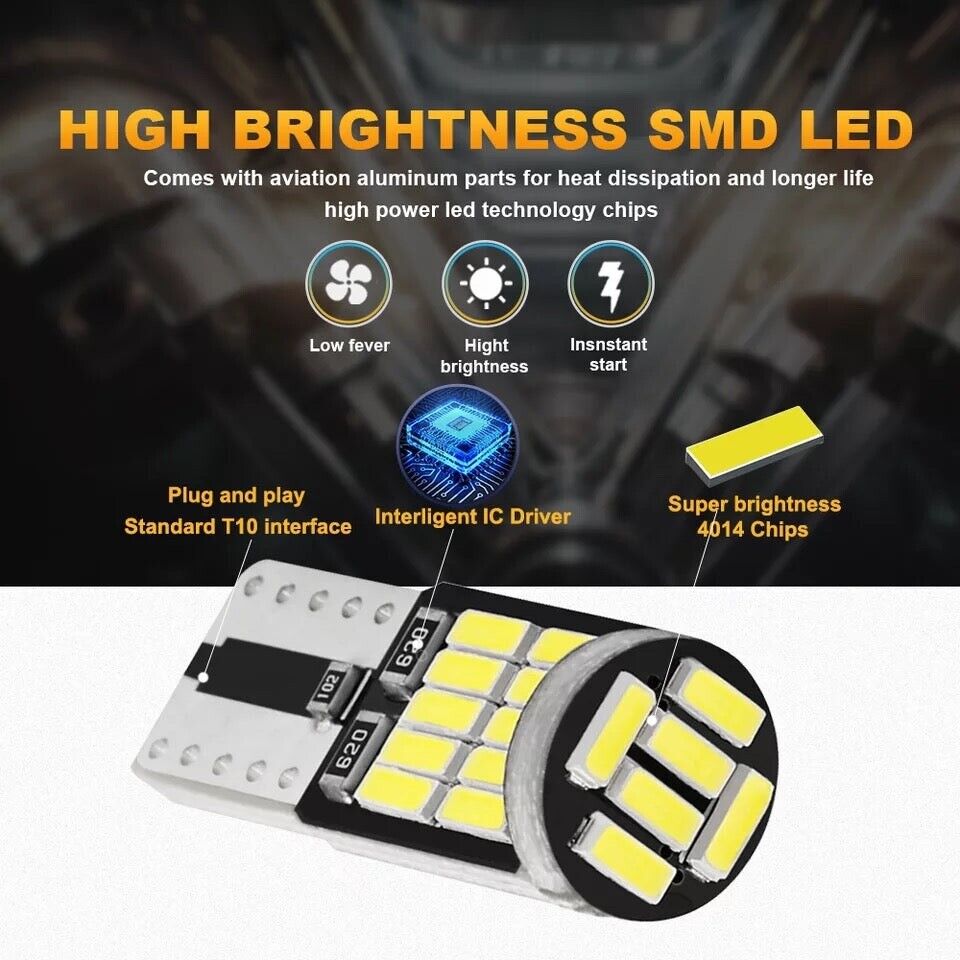 10 Pack Bright LED Bulb Size T10, 194, 168, W5W