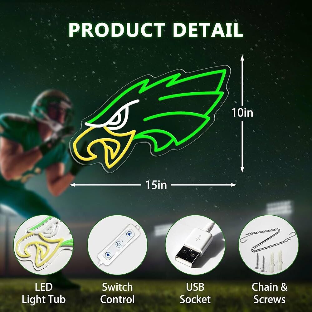 Eagles Birds Football  LED Neon Sign For Bar, Garage , Mancave 15” x 10” Inches