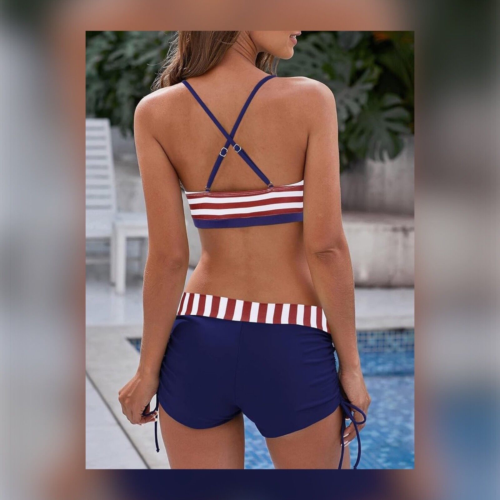 Women's Sporty Two Piece Swimsuits US Flag Halter Push Up Bathing Suit