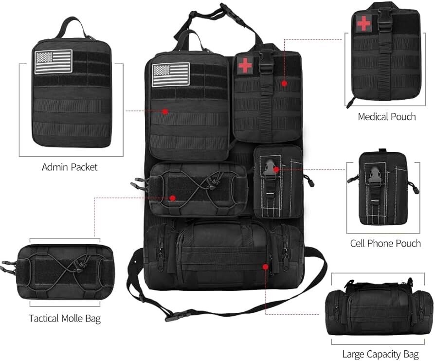Tactical Vehicle Seat Back Organizer Panel with 5 Detachable MOLLE, Universal