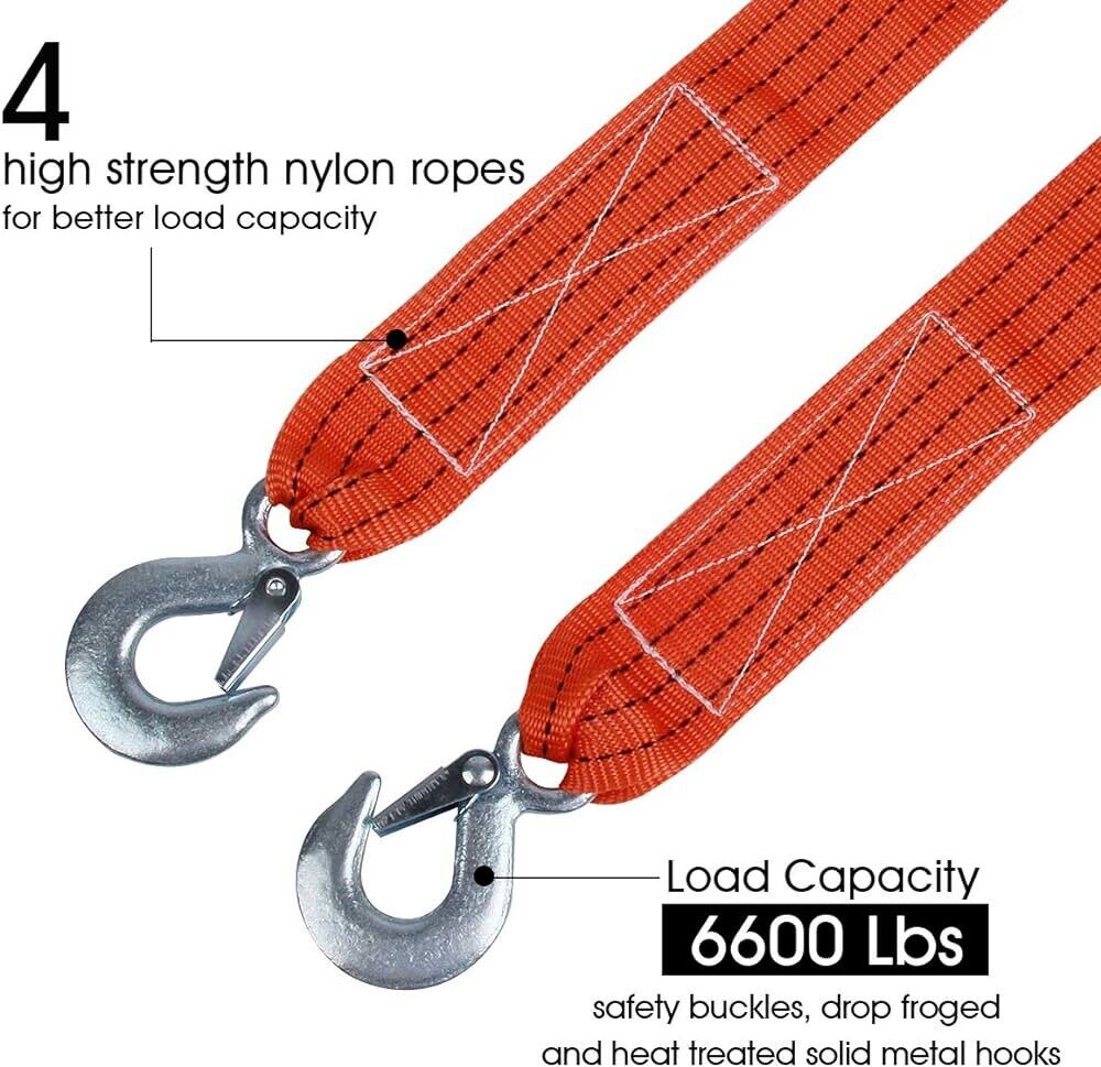 Tow Strap with Hooks 2In X20Ft Recovery Strap 10,000LB Break Strength