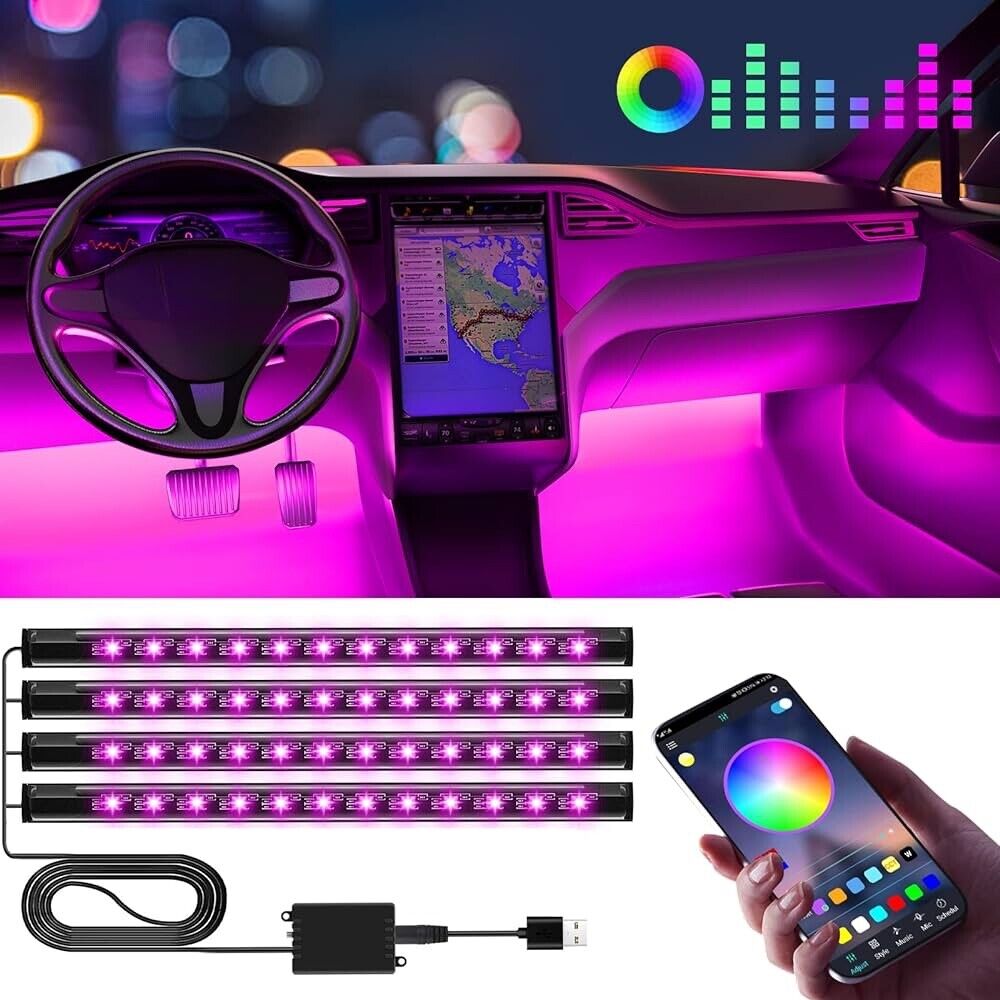 Interior LED Vehicle Lights, USB Powered, APP Controlled, Music Sync, 4 Strips