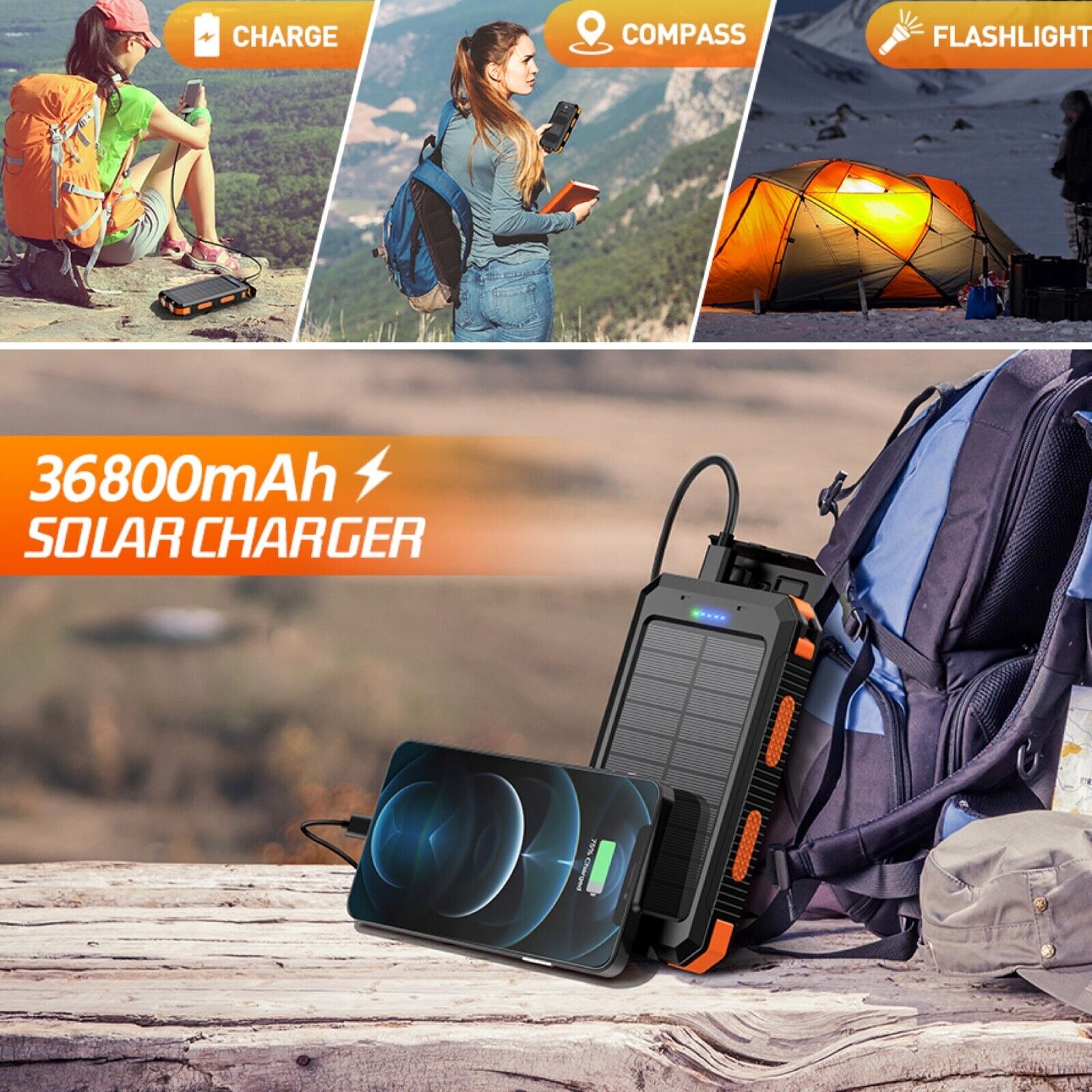 Solar Charging Power Bank 36800mAh Portable,QC3.0 Fast Charger Dual USB