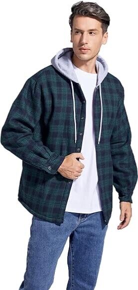 Men's Cotton Plaid Shirts Jacket Fleece Lined Flannel Shirts Sherpa Button Down