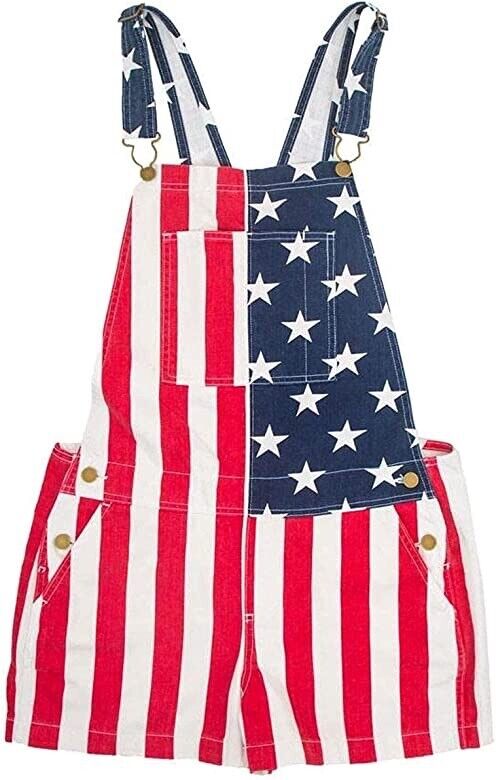 Mens American Flag Denim Overall Stretch Shorts
