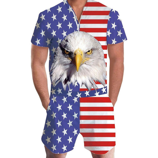Mens American Flag Jumpsuit, Pockets, Zipper Closure, Stretch Shorts