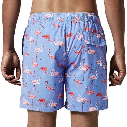 Men's 7 Inch Length Blue Pink Flamingos Quick Dry Swim Trunks
