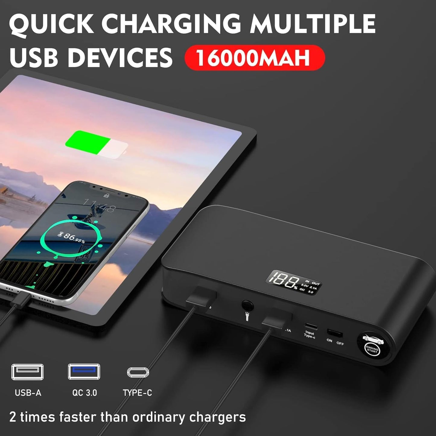 1600A Battery Jump Starter 16000mAh, 12V, USB QC 3.0