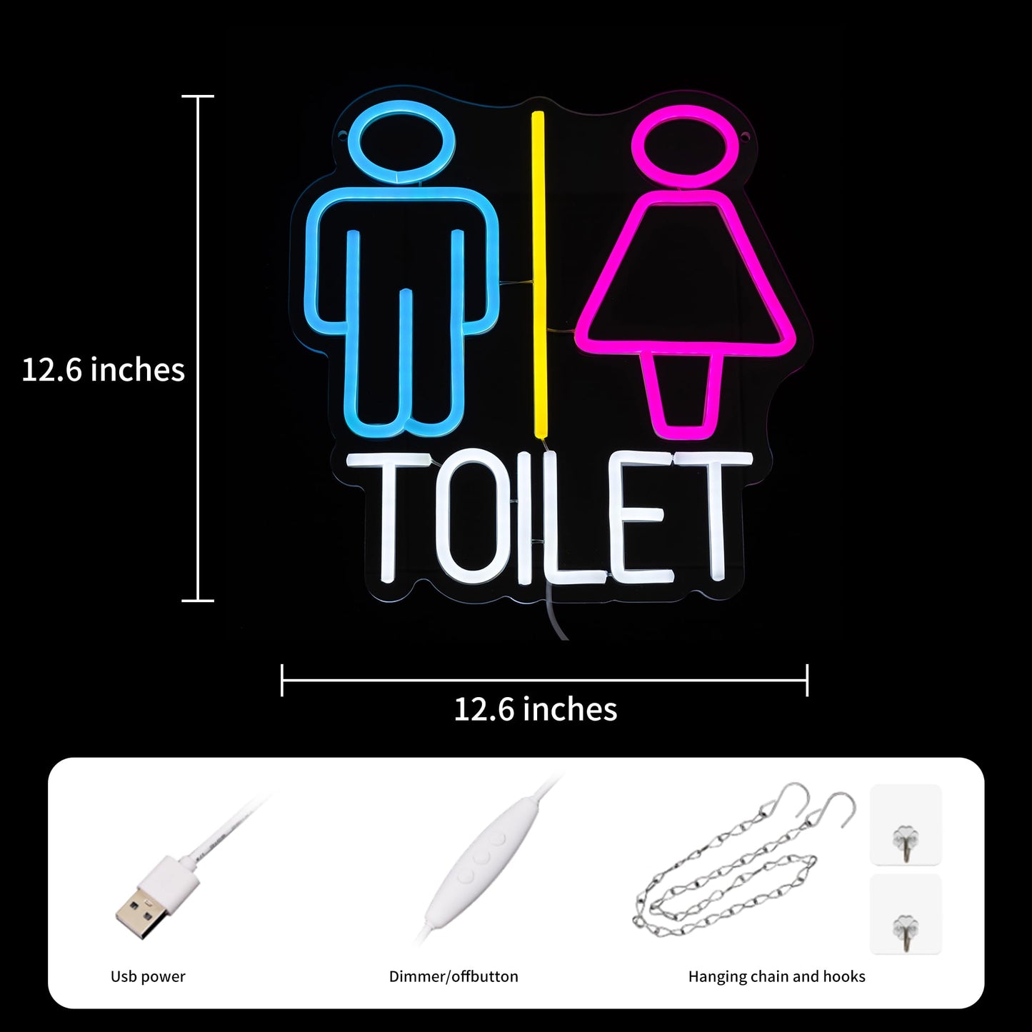 Toilet, Restroom Neon LED Sign, Dimming, USB, Wall Mounting, 12.6” x 12.6” inch