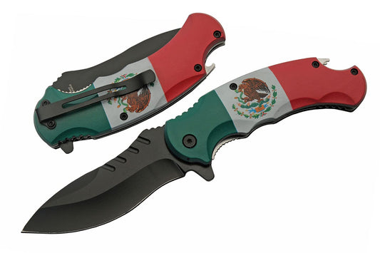 8.5" Mexico Flag Assisted Open Liner Lock Folding Knife With Pocket Clip