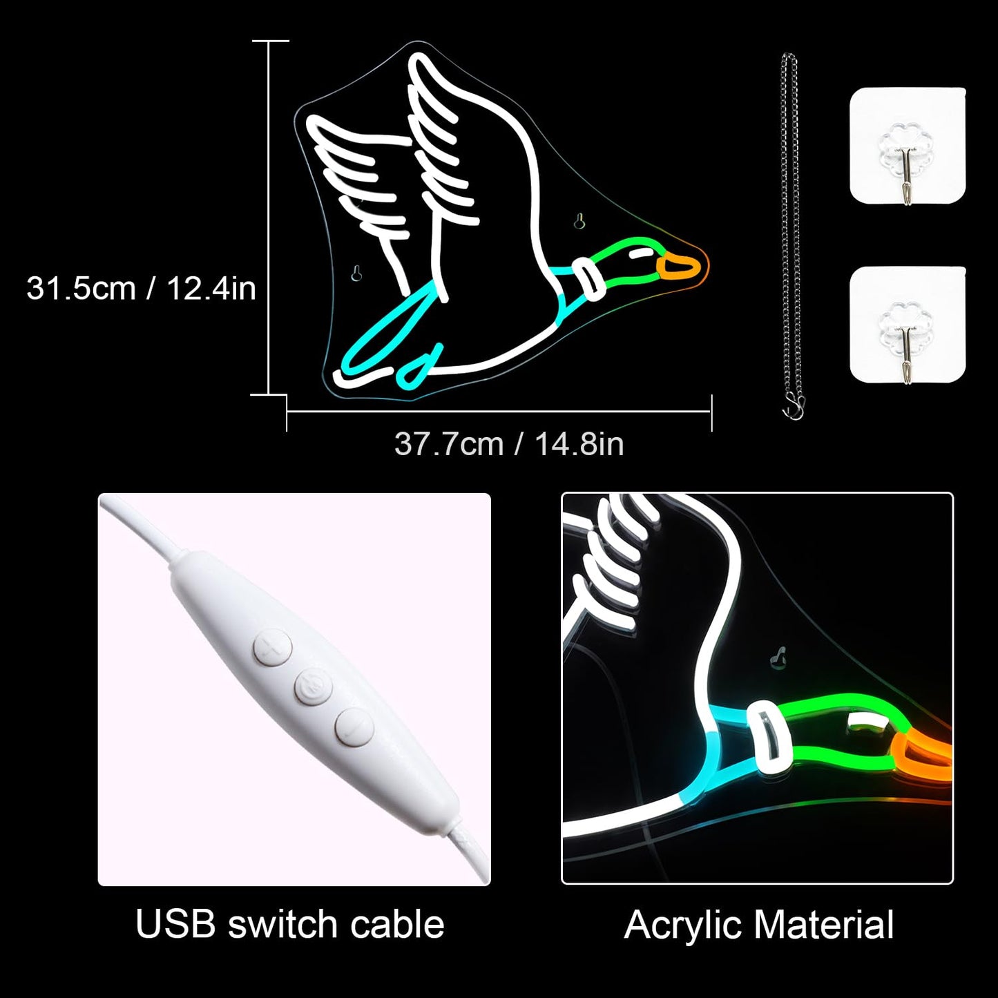 Duck LED Neon Sign, Dimmable, USB Powered, 15x13 inches