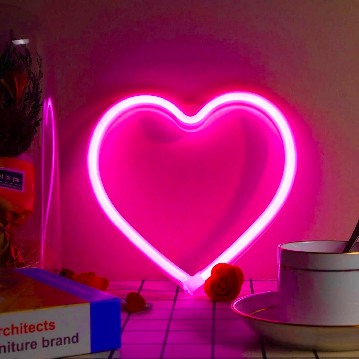 Pink Heart Neon LED Sign, Battery or USB Powered, (8x8 inches)