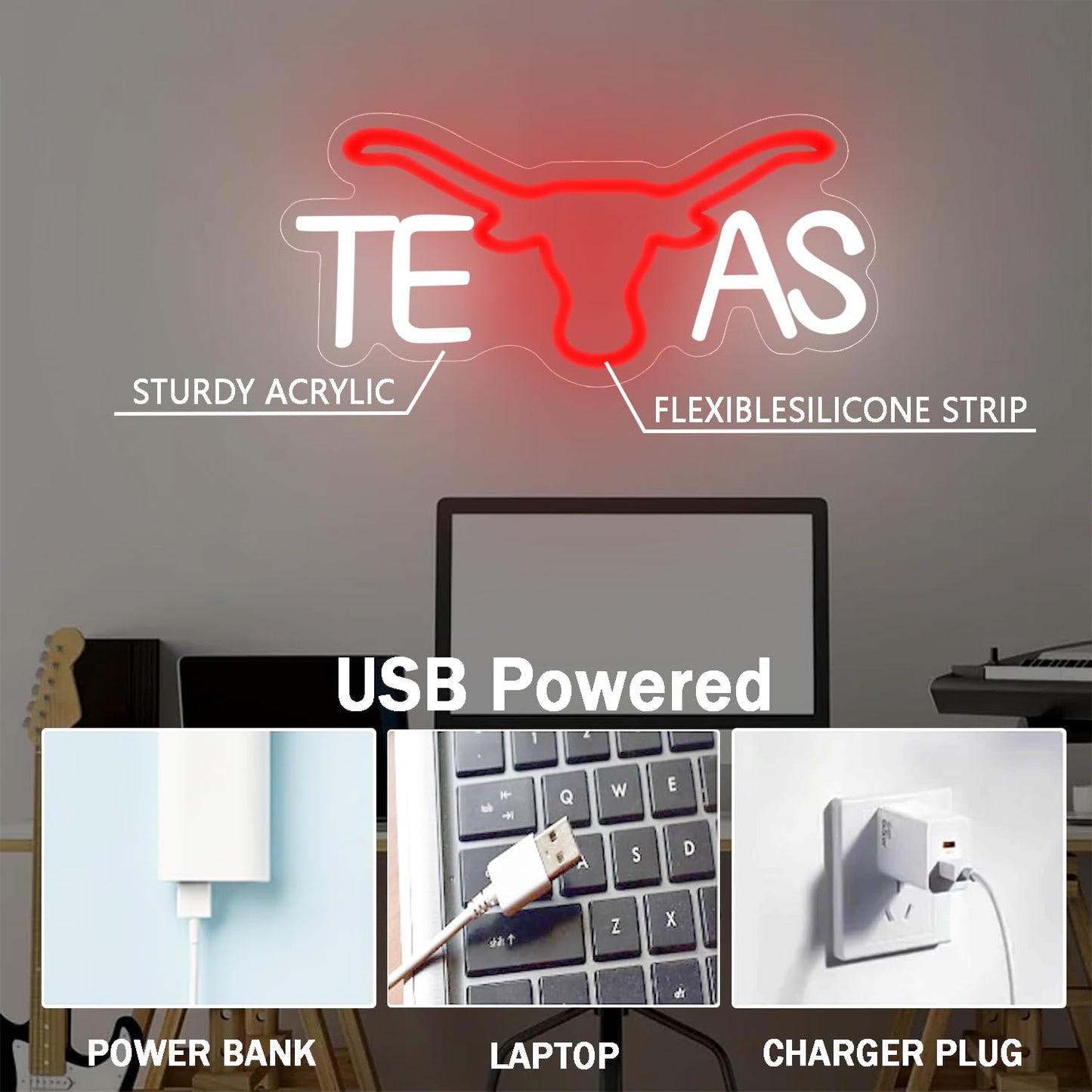 TEXAS Longhorn Neon LED Sign Dimmable (14.5 x 7.4 in)