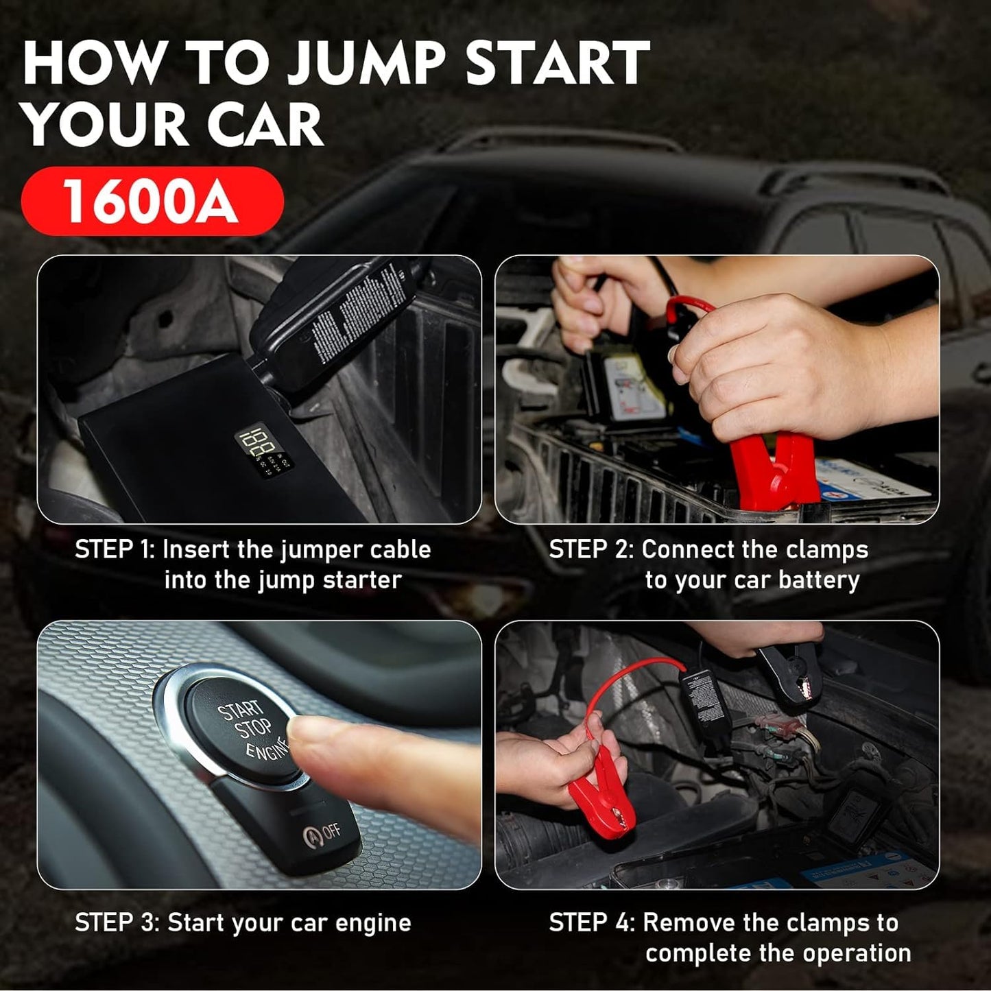 1600A Battery Jump Starter 16000mAh, 12V, USB QC 3.0