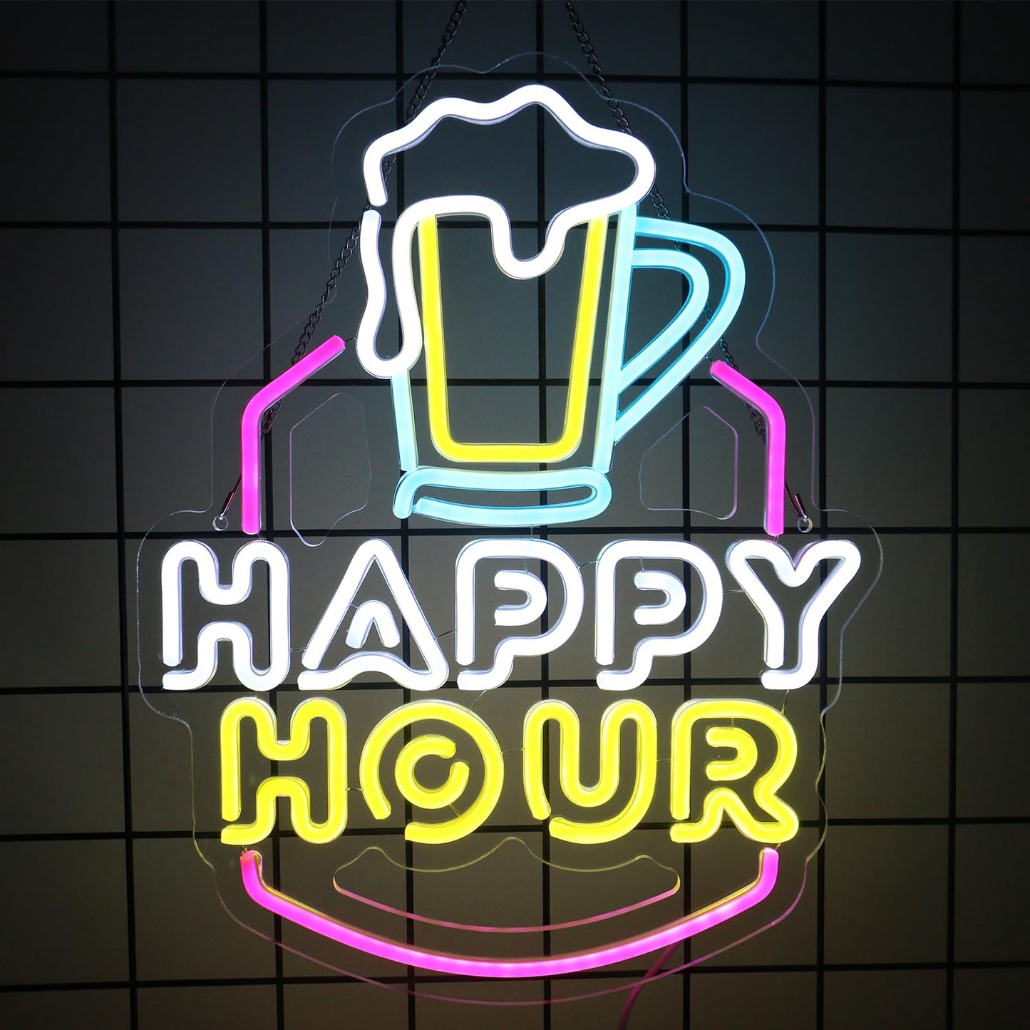 Happy Hour Neon LED Sign, USB, Dimming, Hanging, 15.3" x 11.5" inches