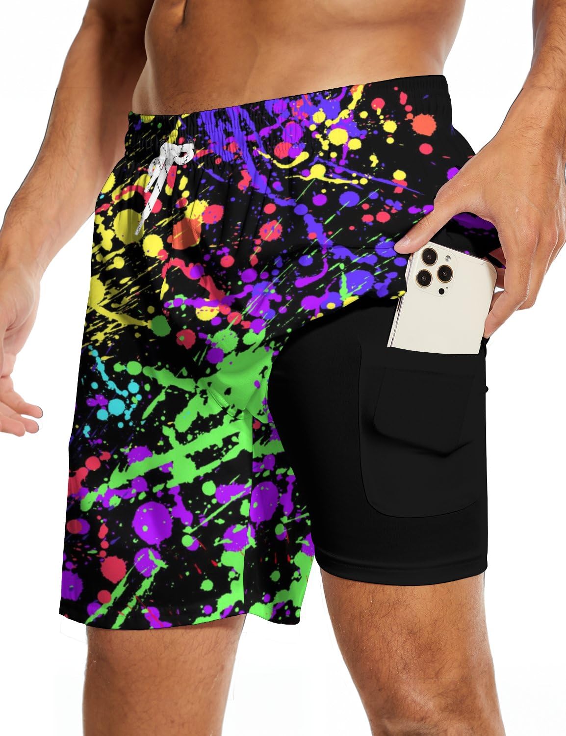 Paint Splash Mens Swim Trunks w/ Compression Liner, 7 Inch, Quick Dry