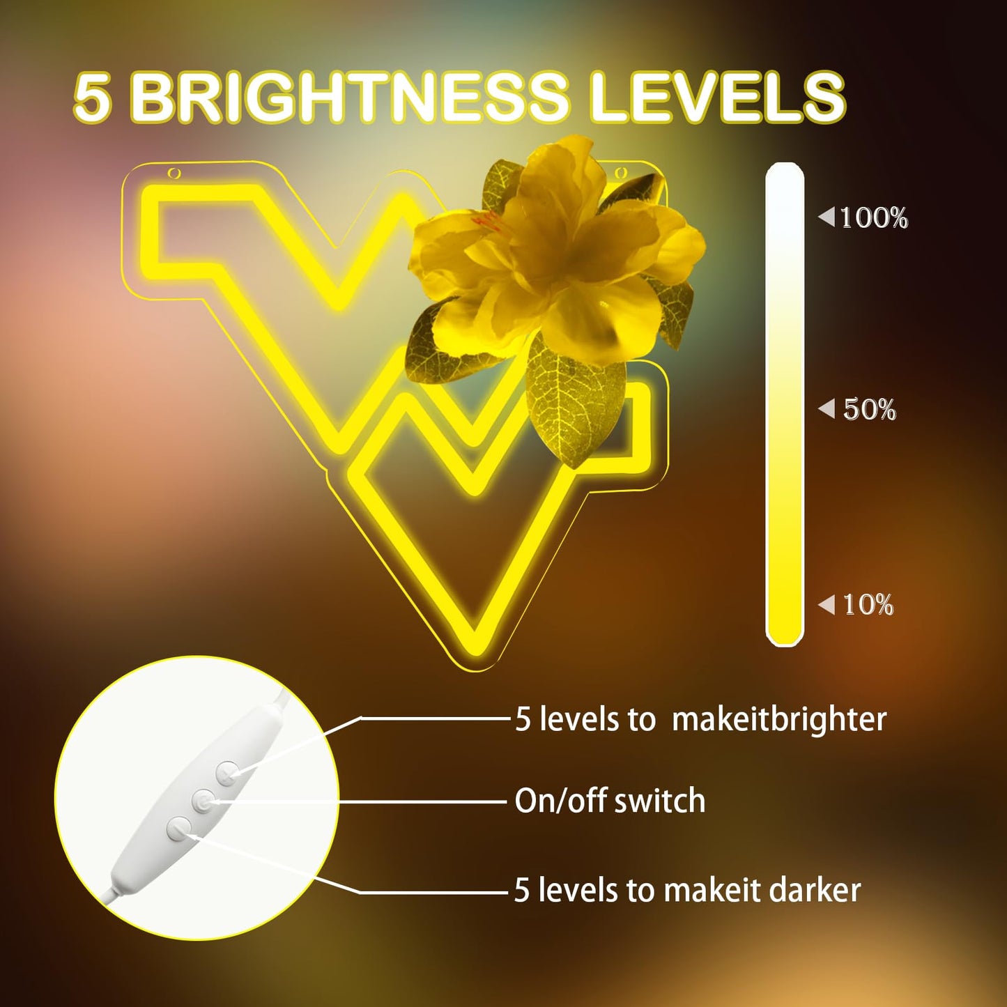 WV Neon LED Hanging Sign, Dimmable, USB, 13 x 12 inches, West Virginia