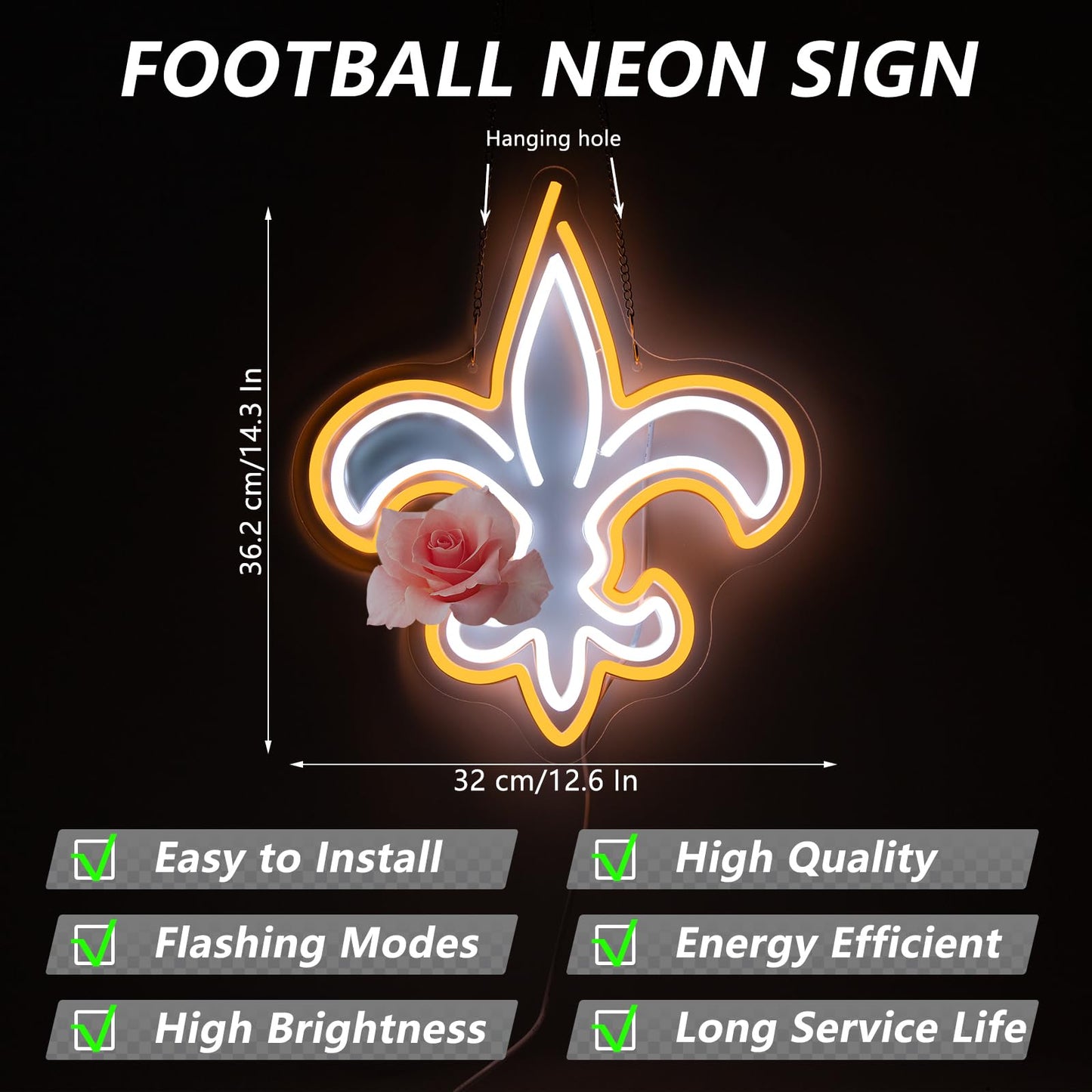 Louisiana LED Hanging Neon Sign, Dimmable, USB, Saints, 14X13 inches