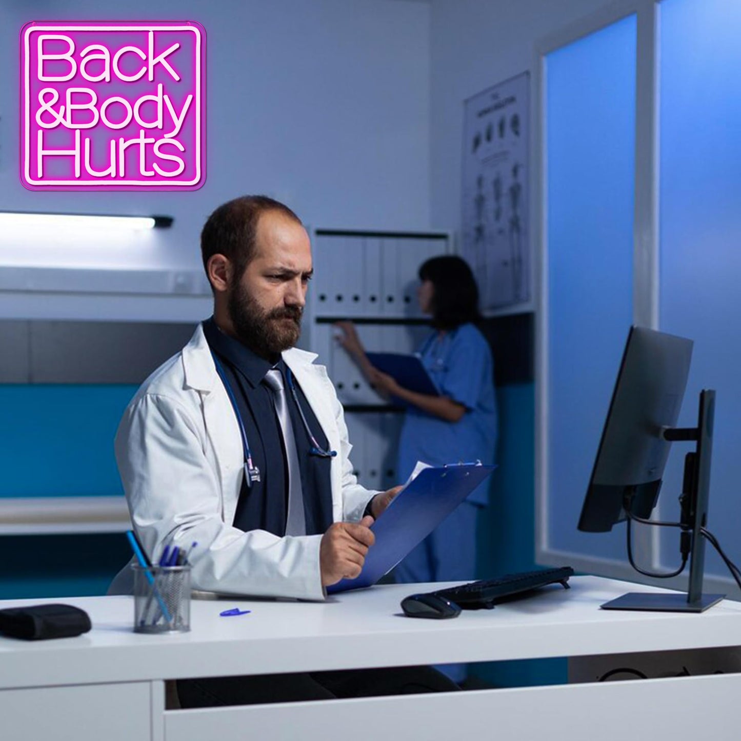 Back Body Hurts Neon LED, Dimming, USB, Wall Mounting (13.3” x 12.2” in)