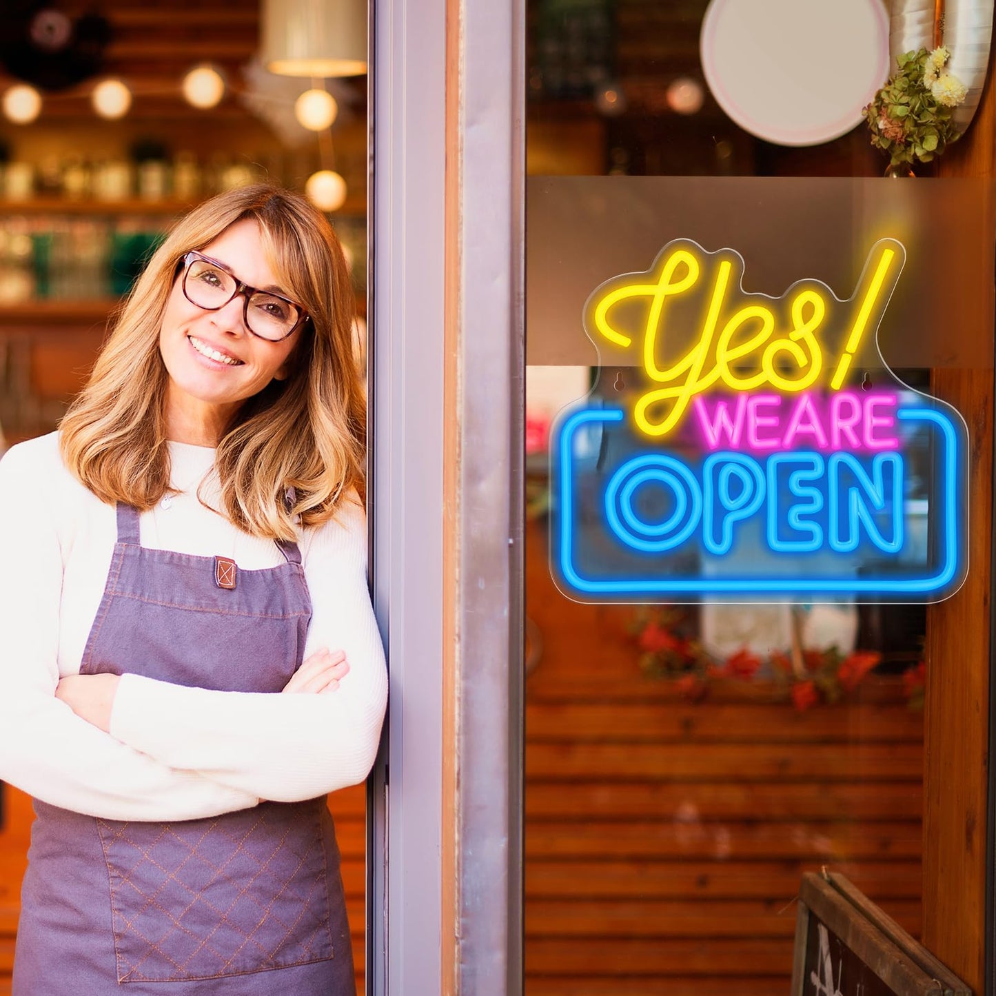 Yes We Are Open Neon LED Sign, USB, Hanging, 14 x 12 Inch