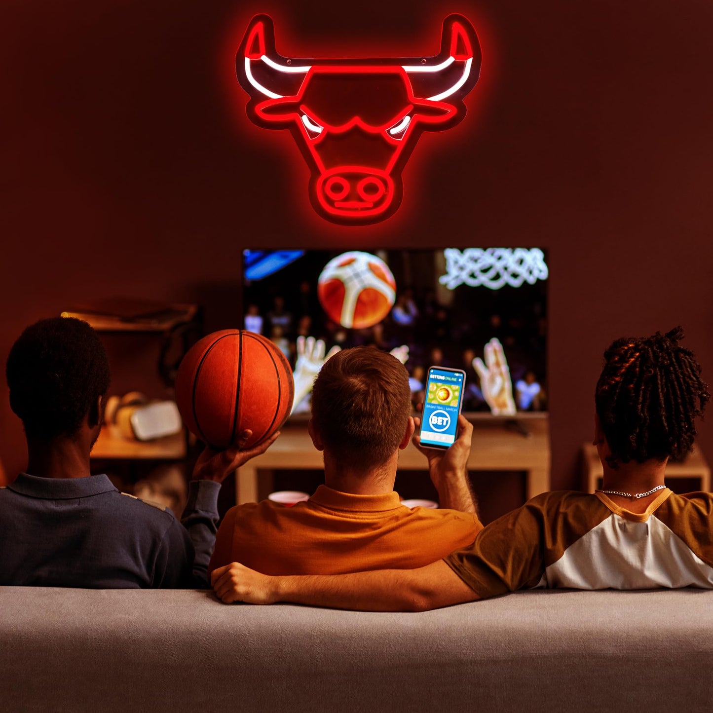 Basketball Bulls Neon LED Hanging Sign, Dimmable, USB, 14x12 inches Chicago