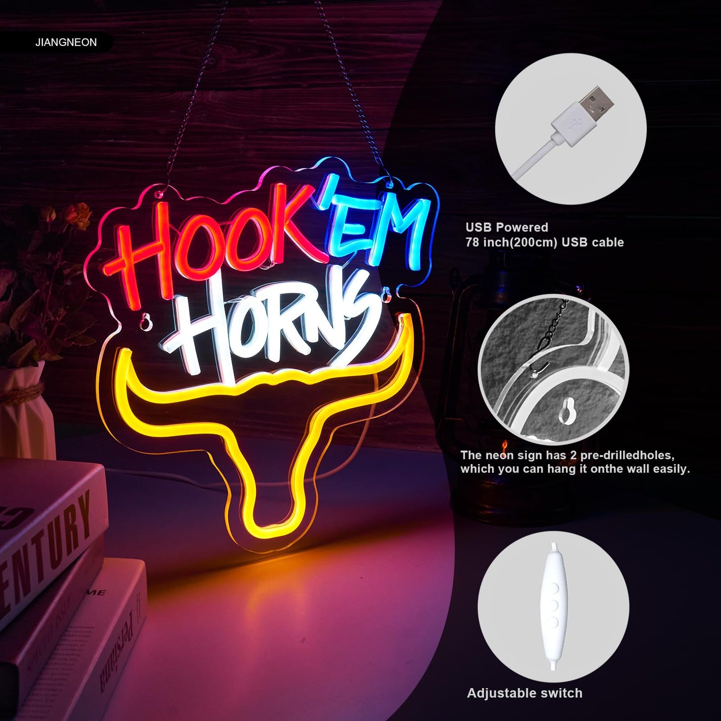 Hook Horns Steer Neon LED Sign TEXAS, Dimmable, USB, 12.6 x 12.6 inches