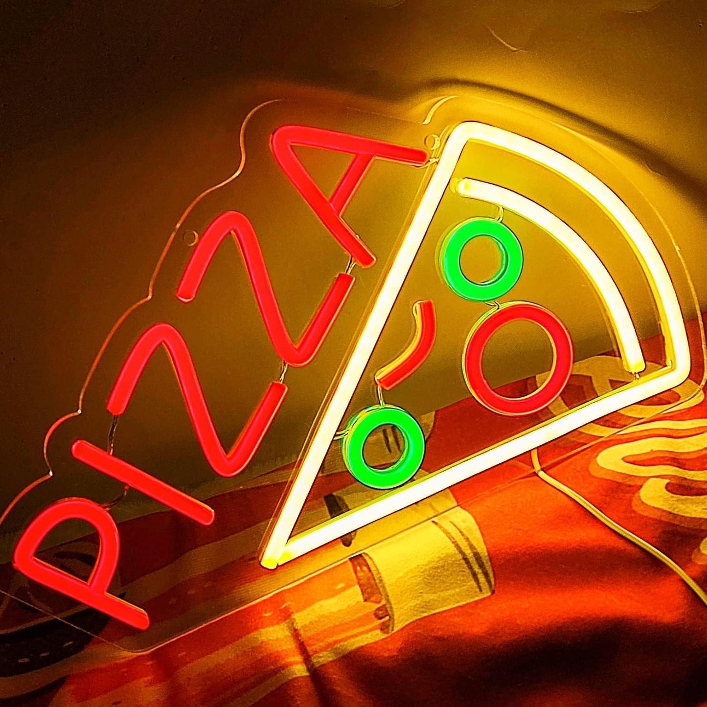 Pizza Neon LED Hanging Sign, Dimmable, USB, for Restaurants, 15x8 inches