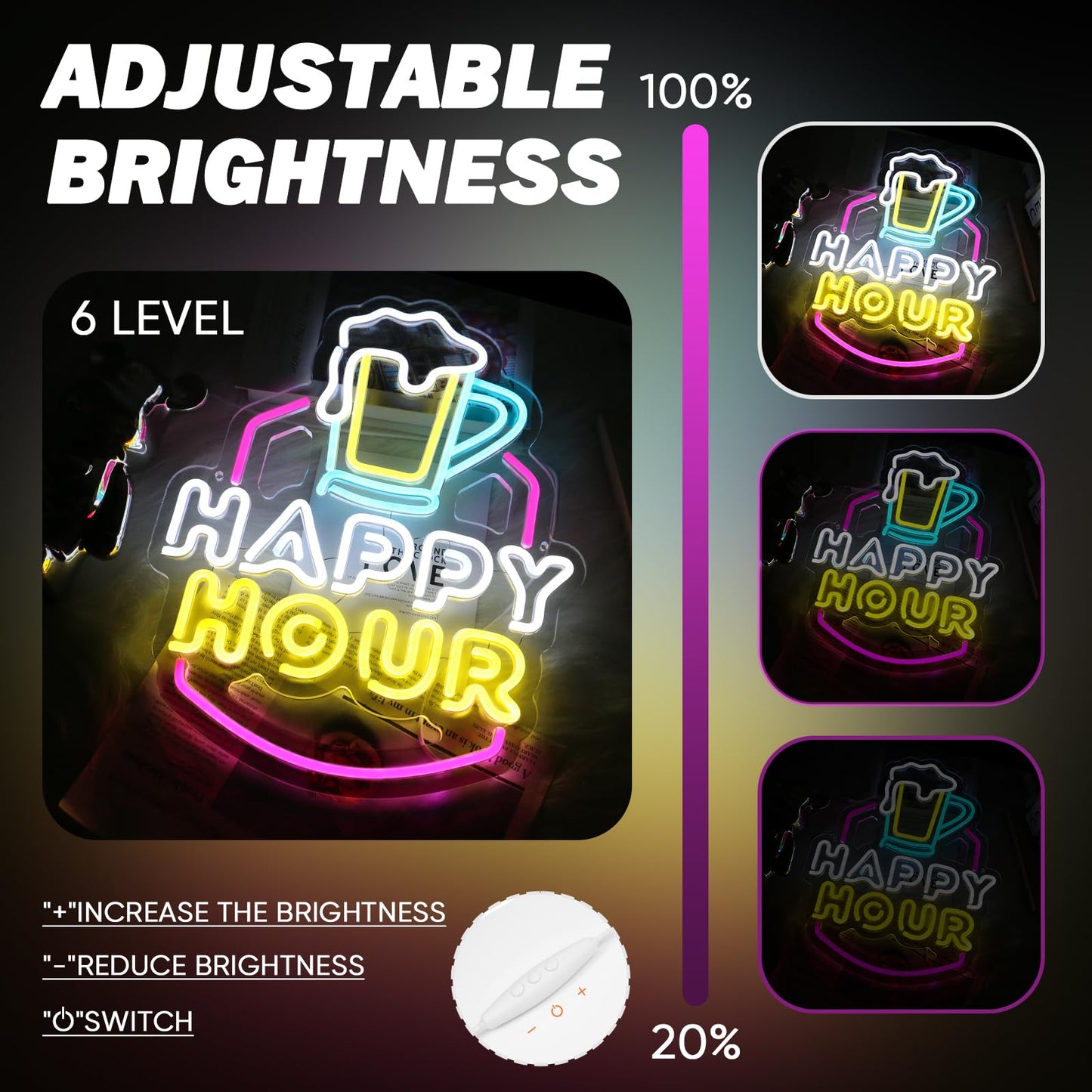 Happy Hour Neon LED Sign, USB, Dimming, Hanging, 15.3" x 11.5" inches