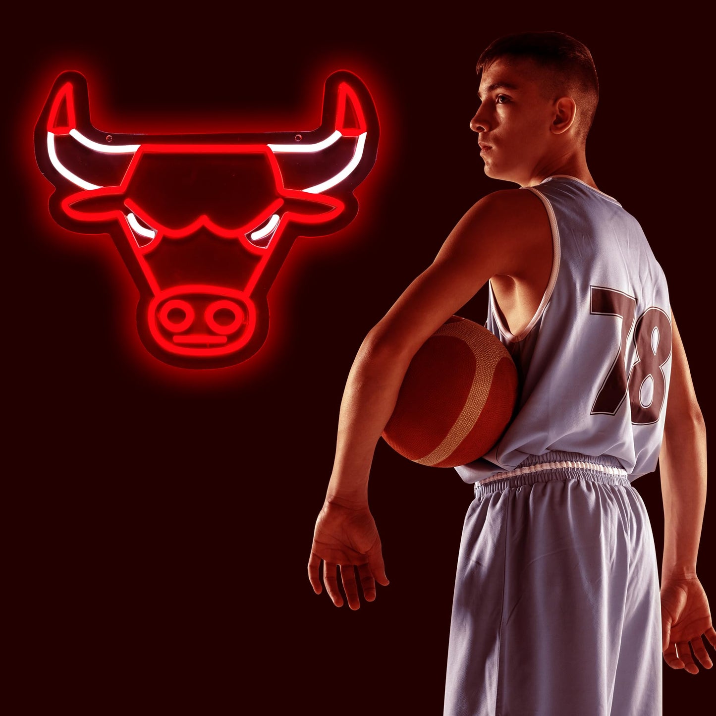 Basketball Bulls Neon LED Hanging Sign, Dimmable, USB, 14x12 inches Chicago