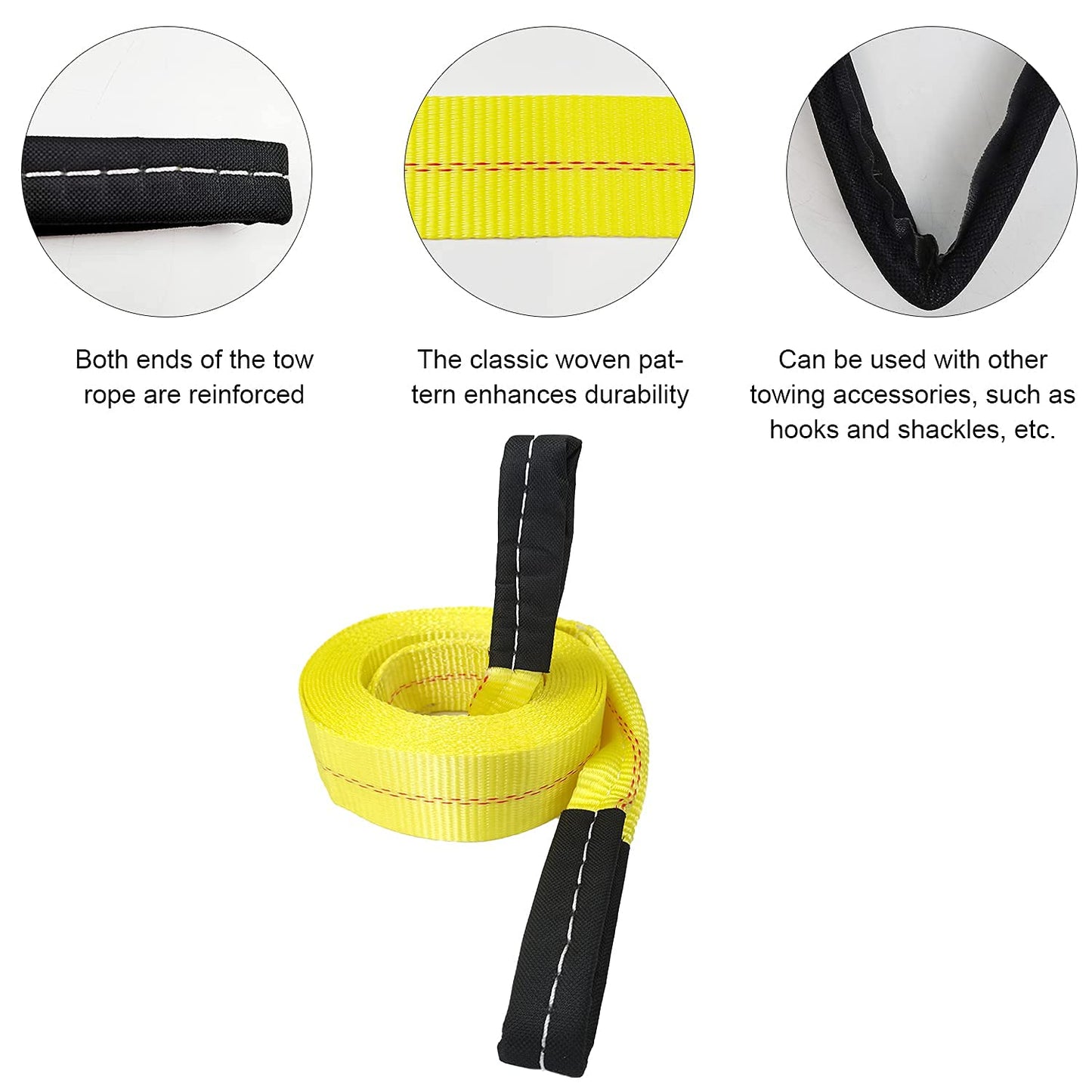 Tow Strap 20ft or 30ft, 2 inch Recovery Rope 10,000 lbs Load Capacity