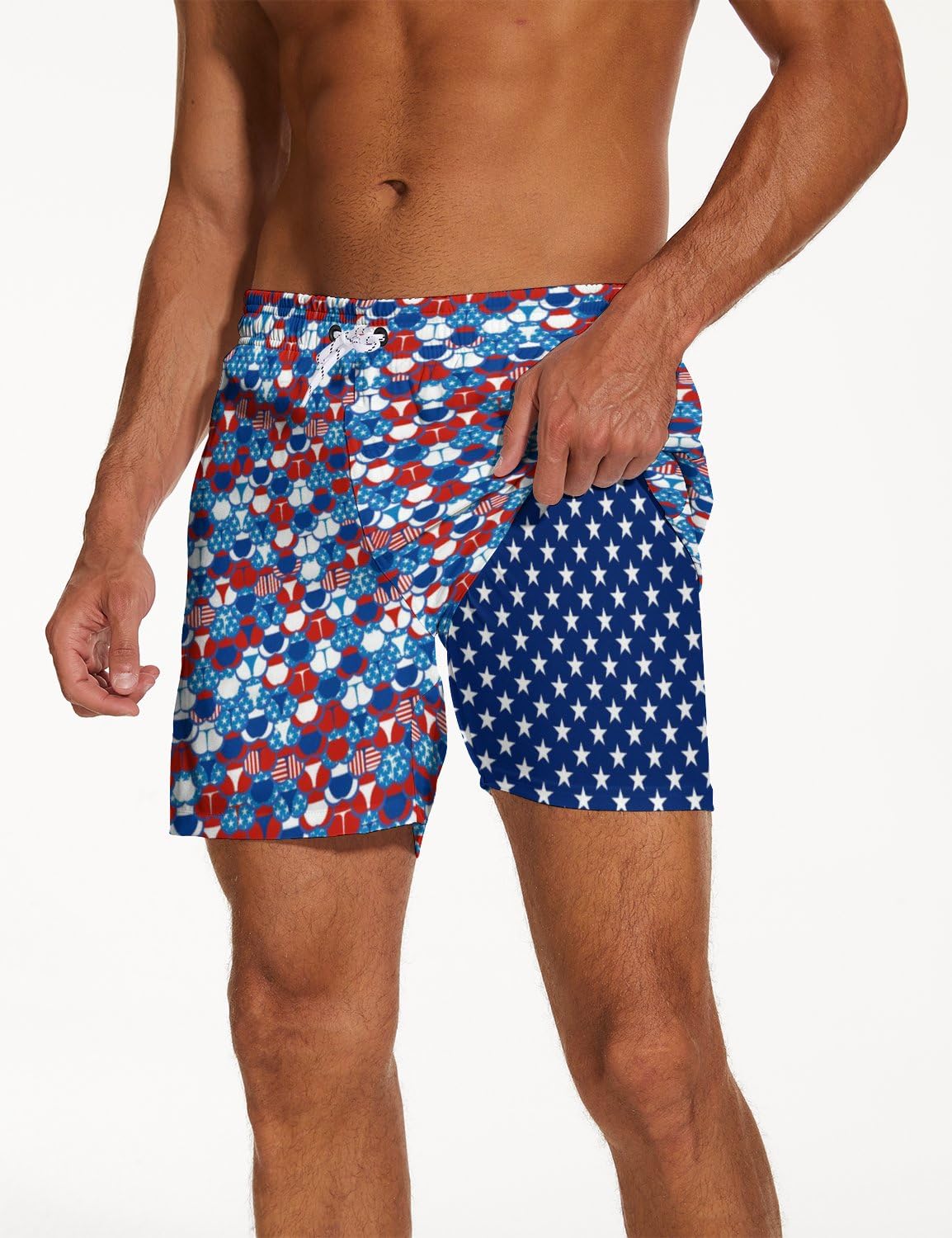 Men's US Flag, Funny Swim Trunks with Compression Liner 5" Inseam, Quick Dry