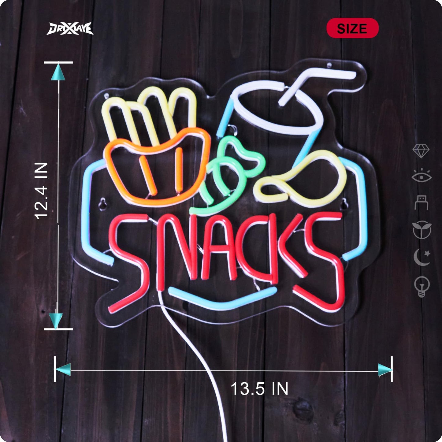 Snacks Neon LED Hanging Sign, USB, Dimmable, for Restaurants, 14 x 13 inches