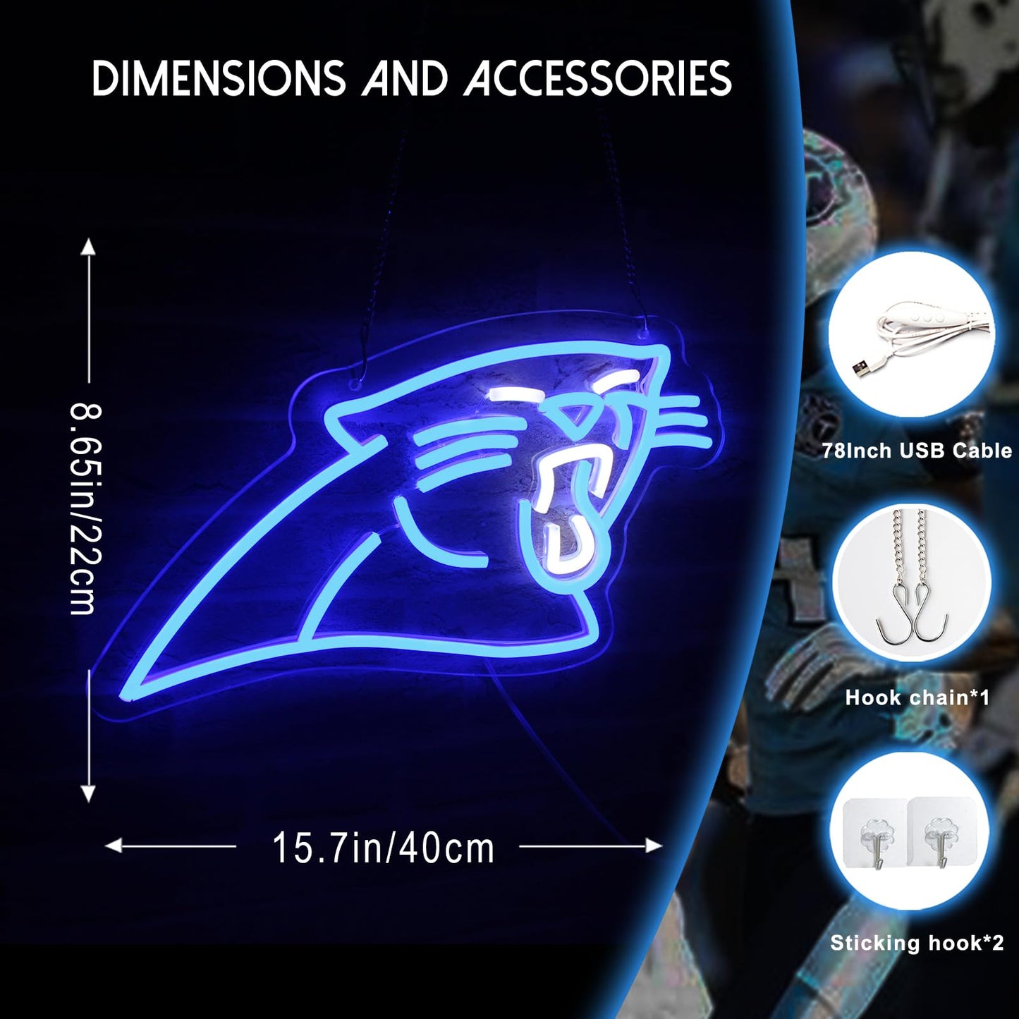 Panthers Football Neon LED Sign Dimmable For Room, Bar , Garage , Man-cave 15.7” x 8.6” inch