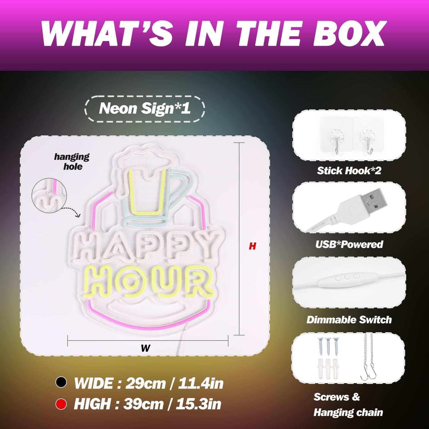 Happy Hour Neon LED Sign, USB, Dimming, Hanging, 15.3" x 11.5" inches
