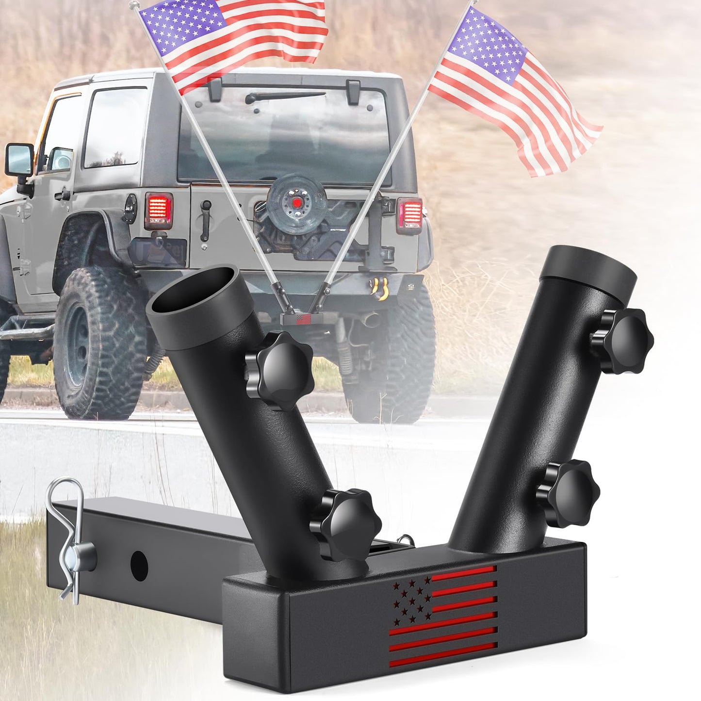 Dual Flag Hitch Mount Bracket, Red US Flag Laser Cut, for 2" Truck Trailer Receiver