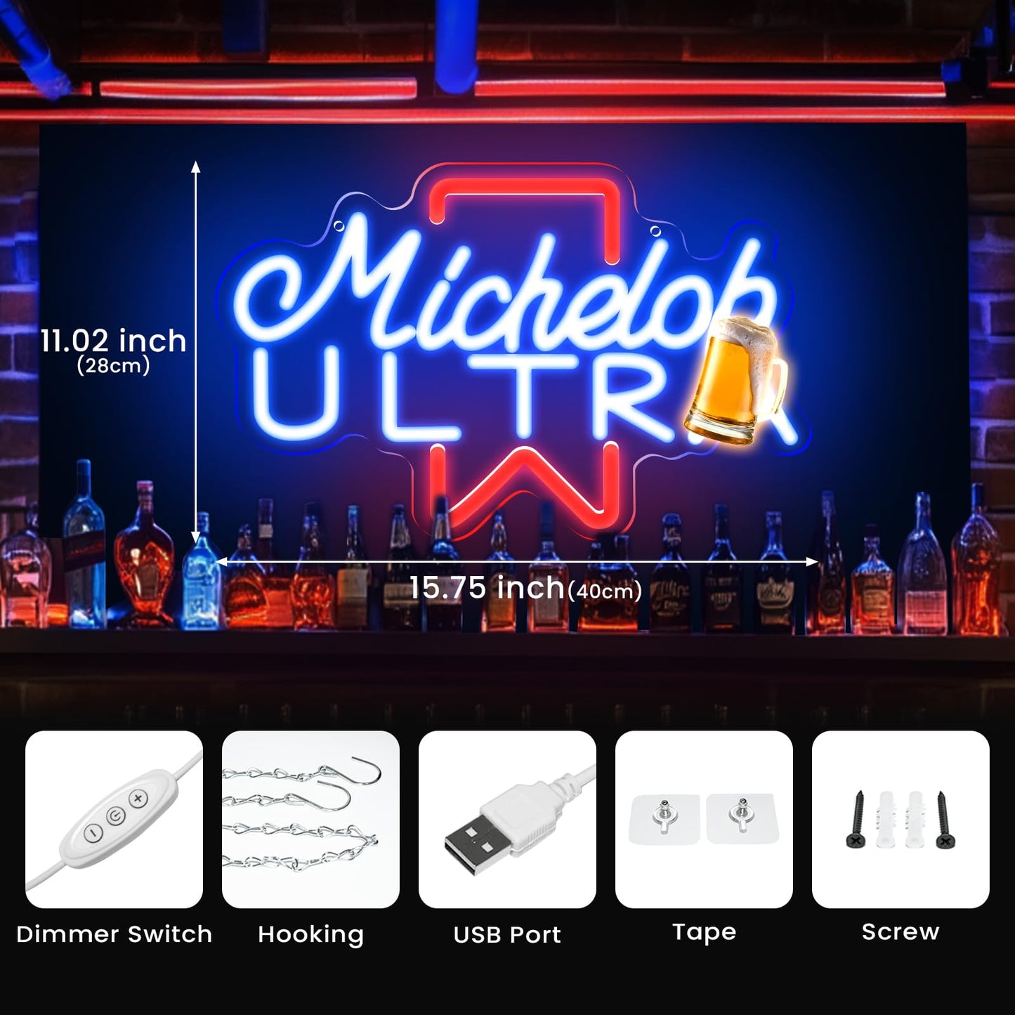 Beer Neon Sign, LED, USB, Dimmable, (16x11 inches)