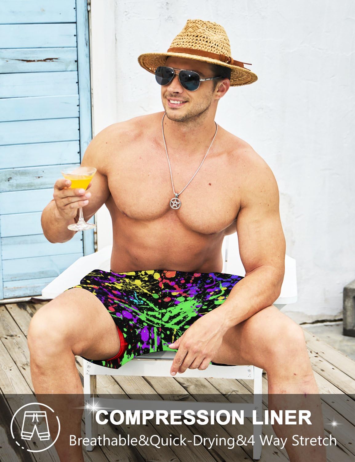 Paint Splash Mens Swim Trunks w/ Compression Liner, 7 Inch, Quick Dry