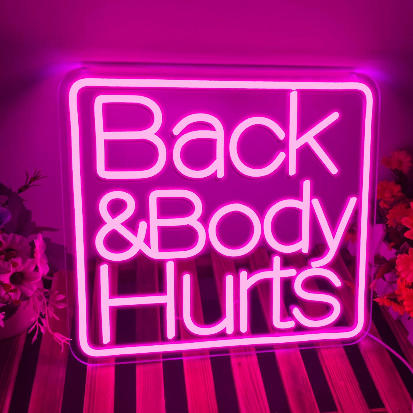 Back Body Hurts Neon LED, Dimming, USB, Wall Mounting (13.3” x 12.2” in)