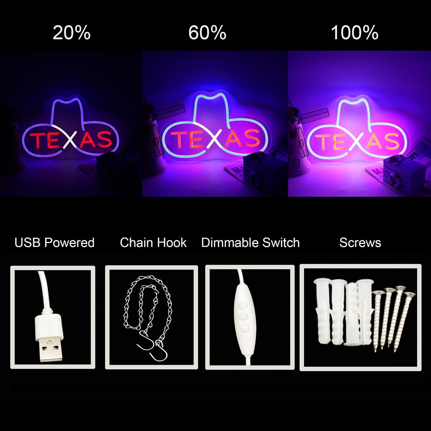 Texas Cowboy Hat Neon LED Sign, USB, Dimmable,  12.4”x9.1” Inch