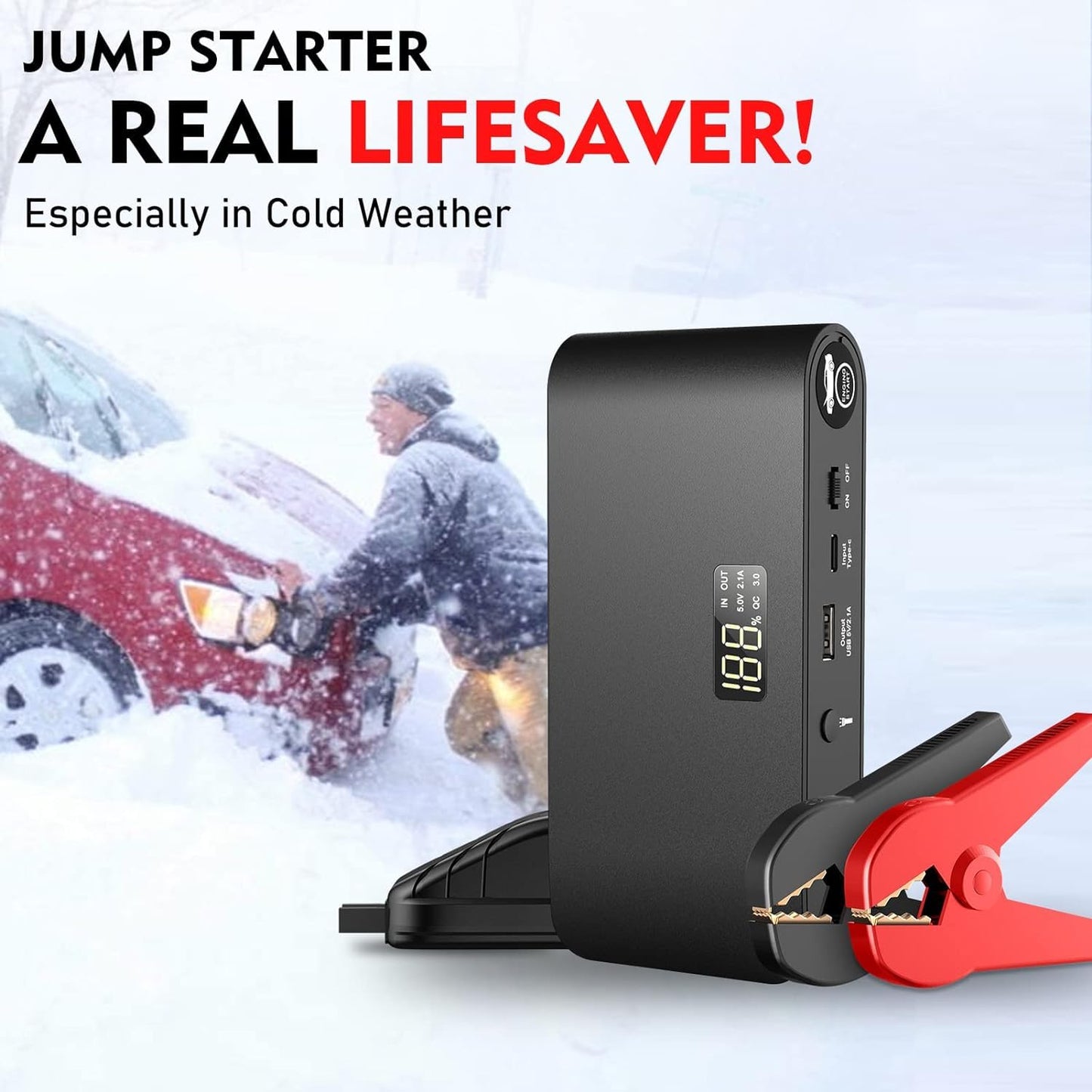 1600A Battery Jump Starter 16000mAh, 12V, USB QC 3.0