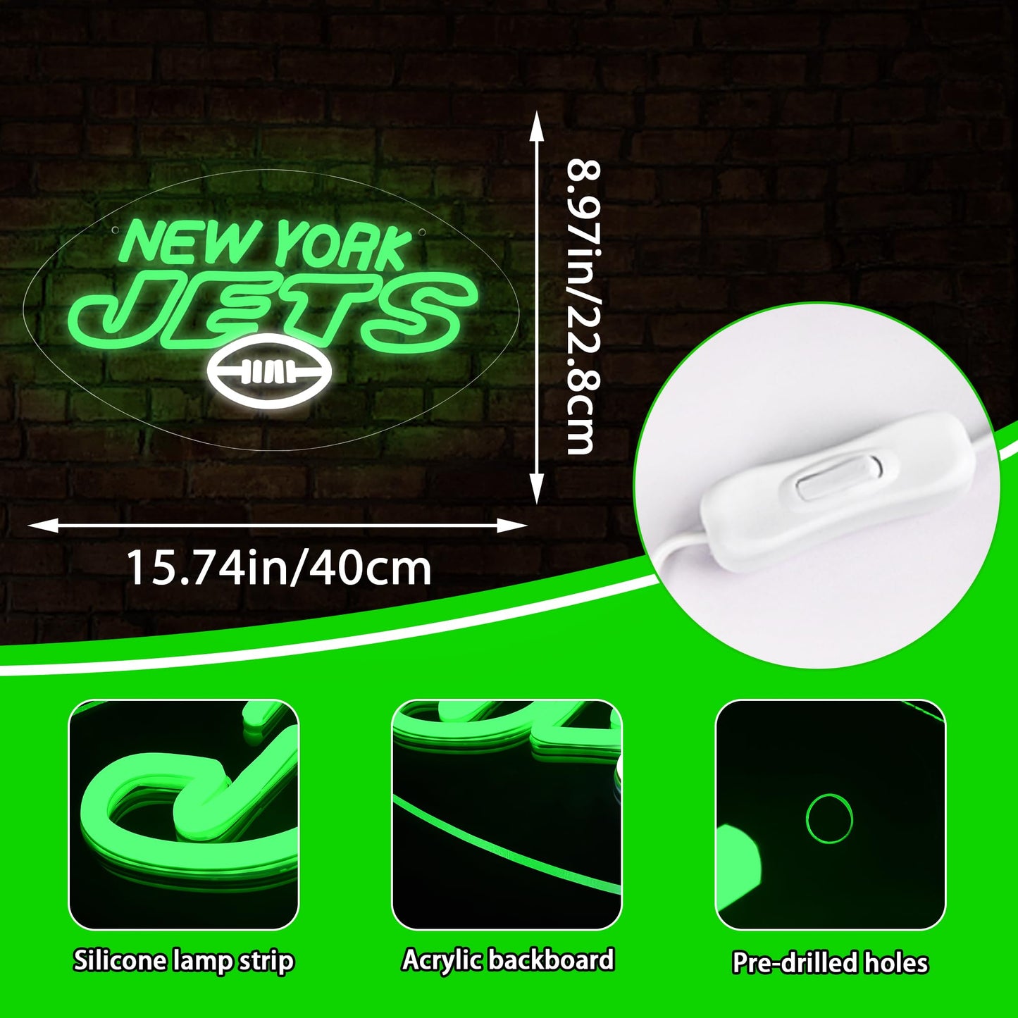 Jets Neon LED Hanging Sign, New York, USB Powered, 16 x 9 inches