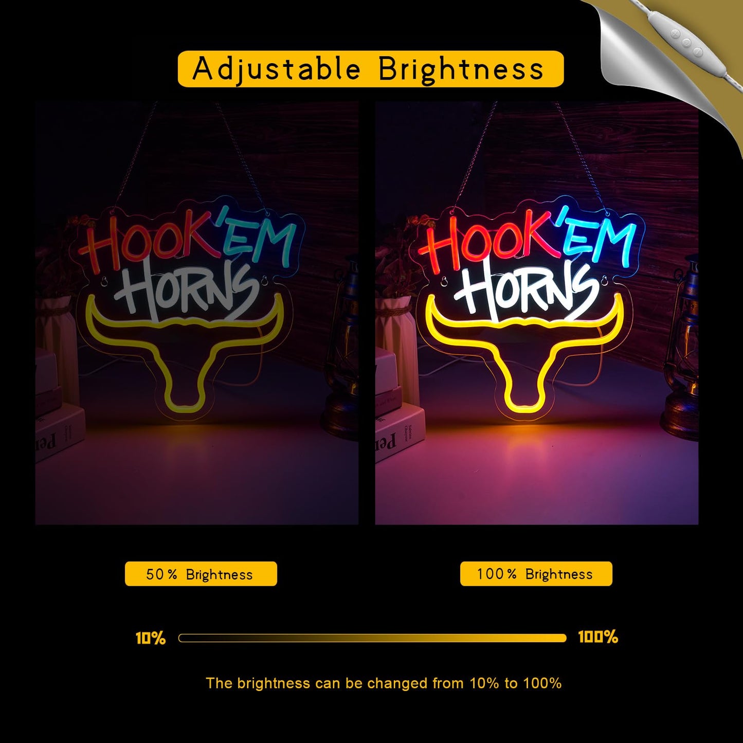 Hook Horns Steer Neon LED Sign TEXAS, Dimmable, USB, 12.6 x 12.6 inches