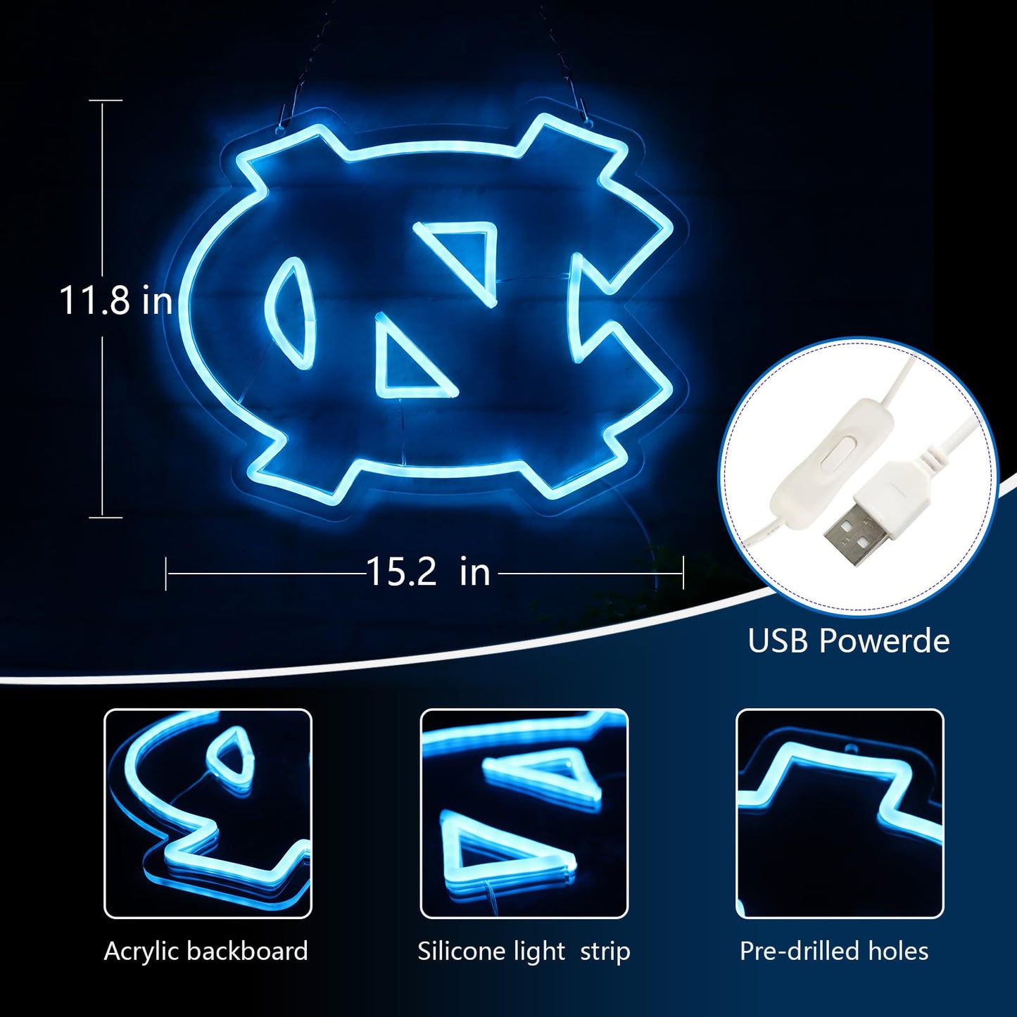 North Carolina College Football Neon Sign LED For Room, Garage, Man-cave, Bar, 15.2” x 11.8” inch