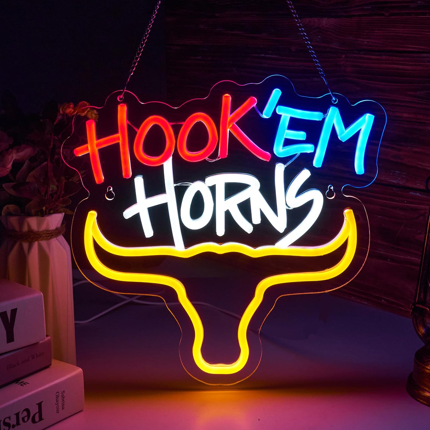 Hook Horns Steer Neon LED Sign TEXAS, Dimmable, USB, 12.6 x 12.6 inches