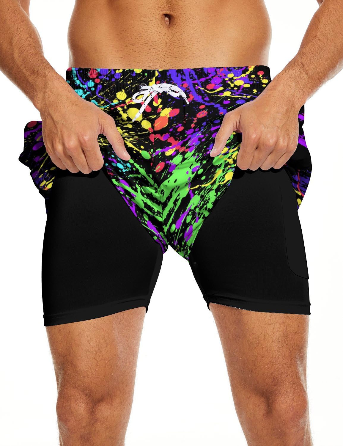 Paint Splash Mens Swim Trunks w/ Compression Liner, 7 Inch, Quick Dry