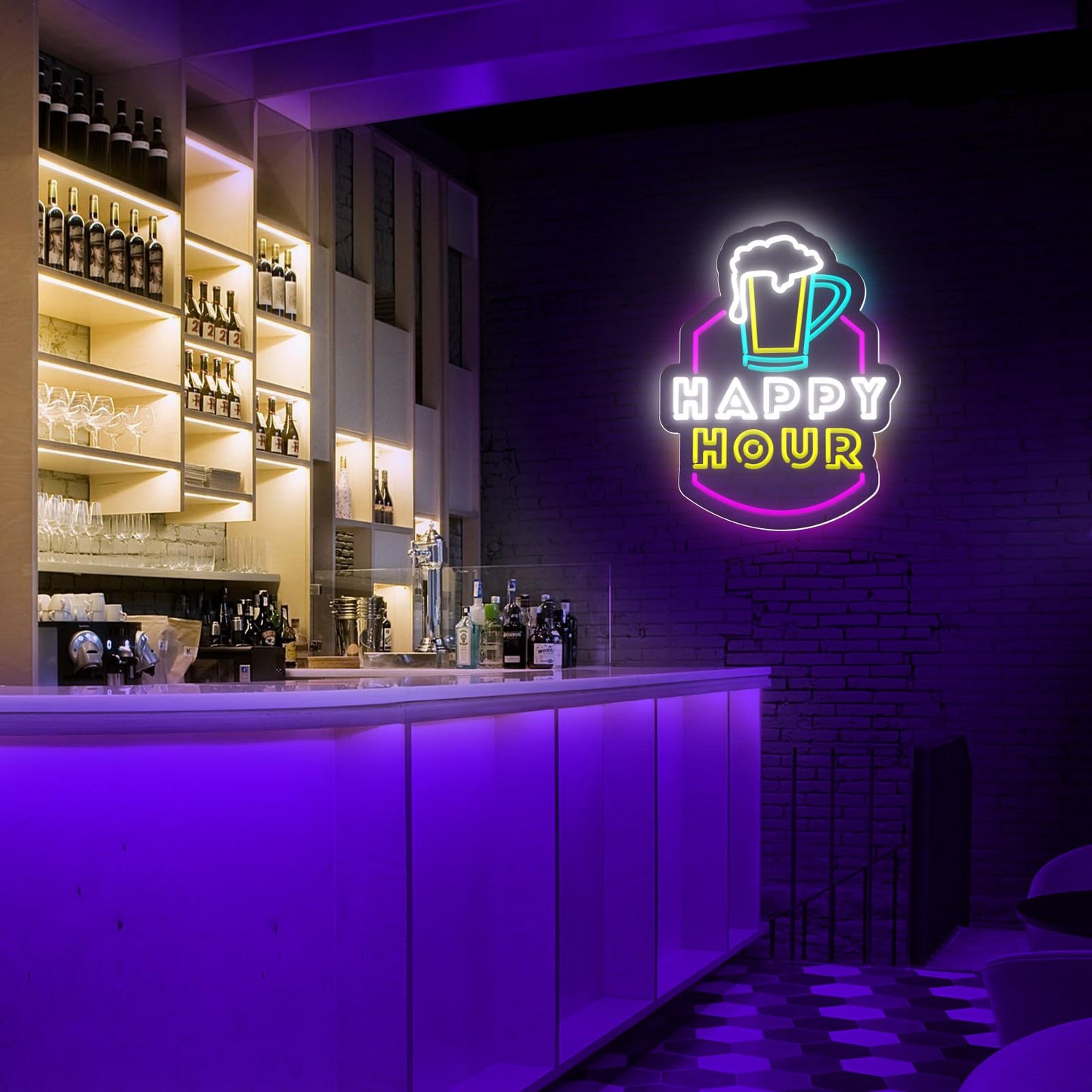 Happy Hour Neon LED Sign, USB, Dimming, Hanging, 15.3" x 11.5" inches